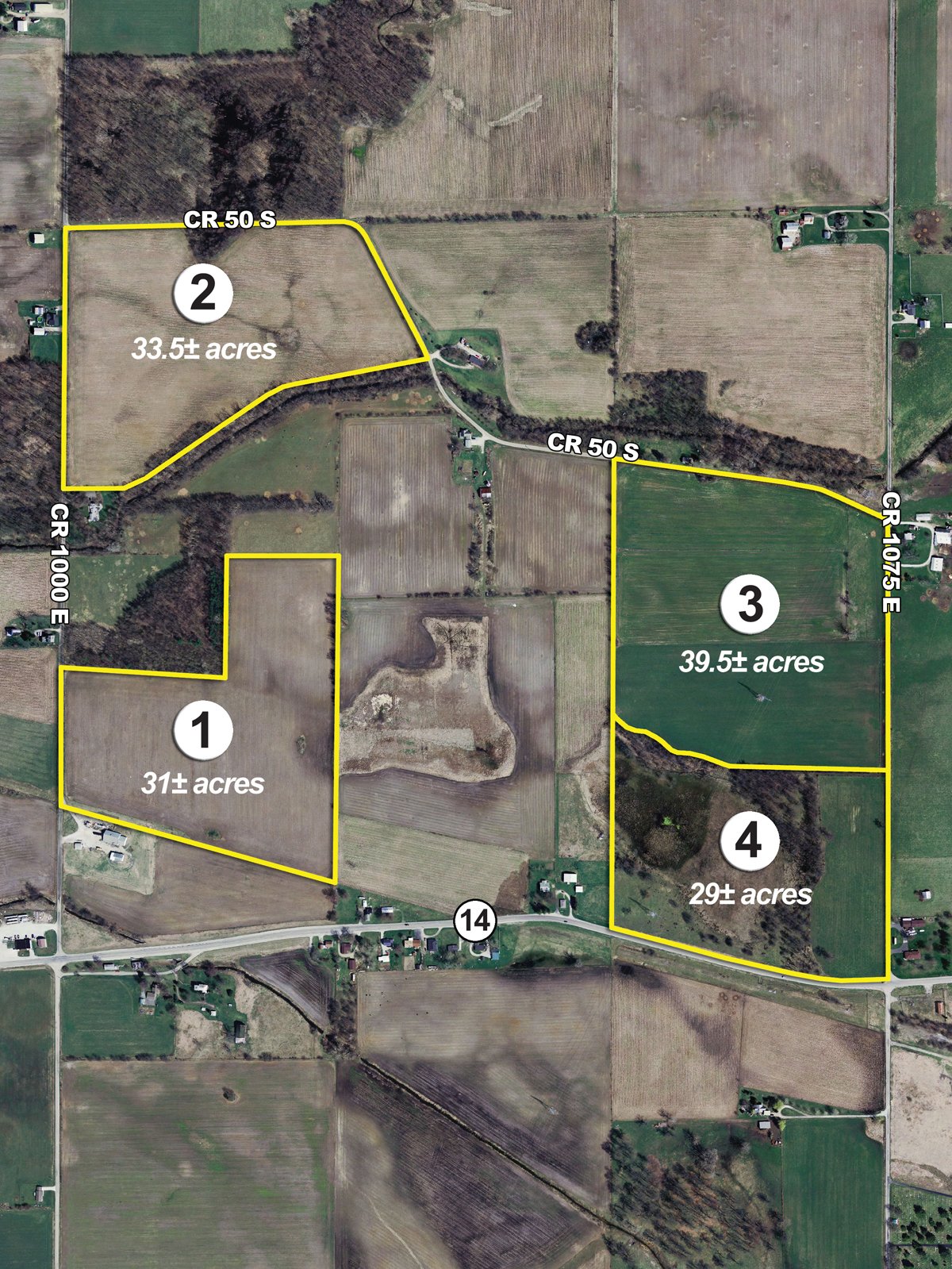 Tract map - 133+/- Acres Offered in 4 Tracts - Farmland, Hunting & Recreation or Future Building Sites